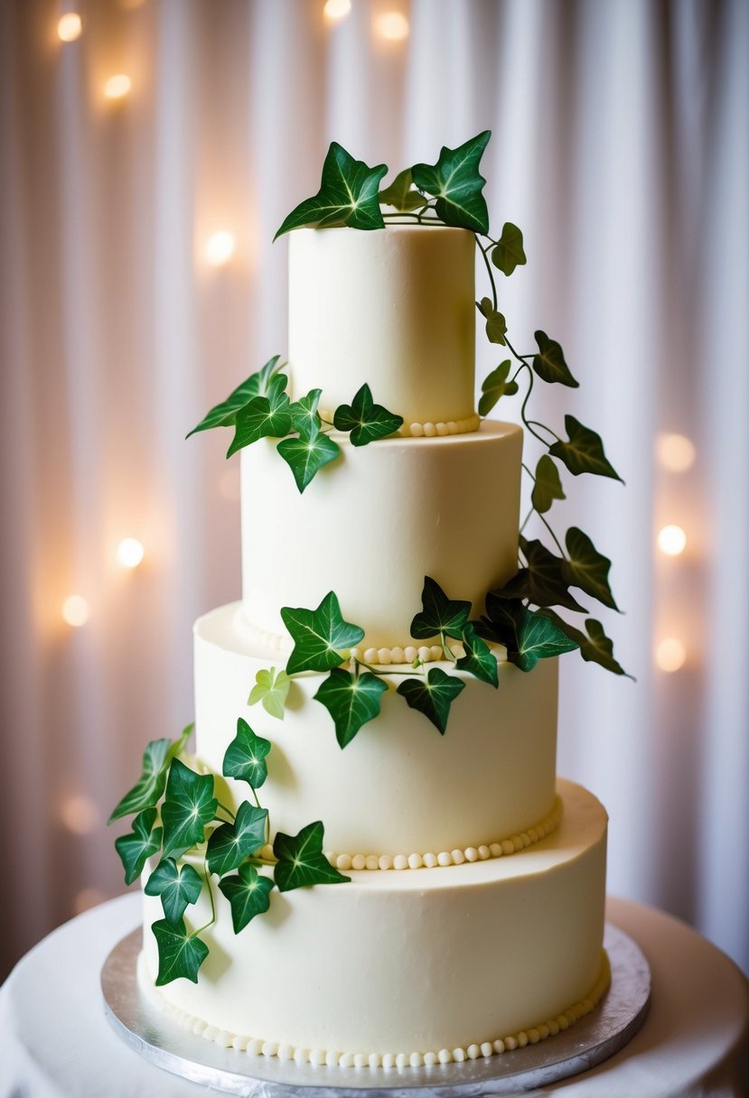 A three-tiered wedding cake adorned with delicate ivy leaves in shades of green, set against a backdrop of soft, romantic lighting
