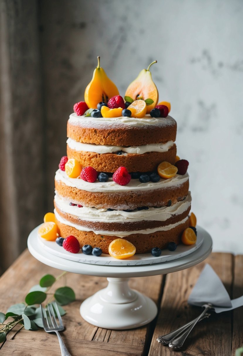A classic Victoria sponge wedding cake adorned with fresh fruits, displayed on a rustic wooden table with soft natural lighting
