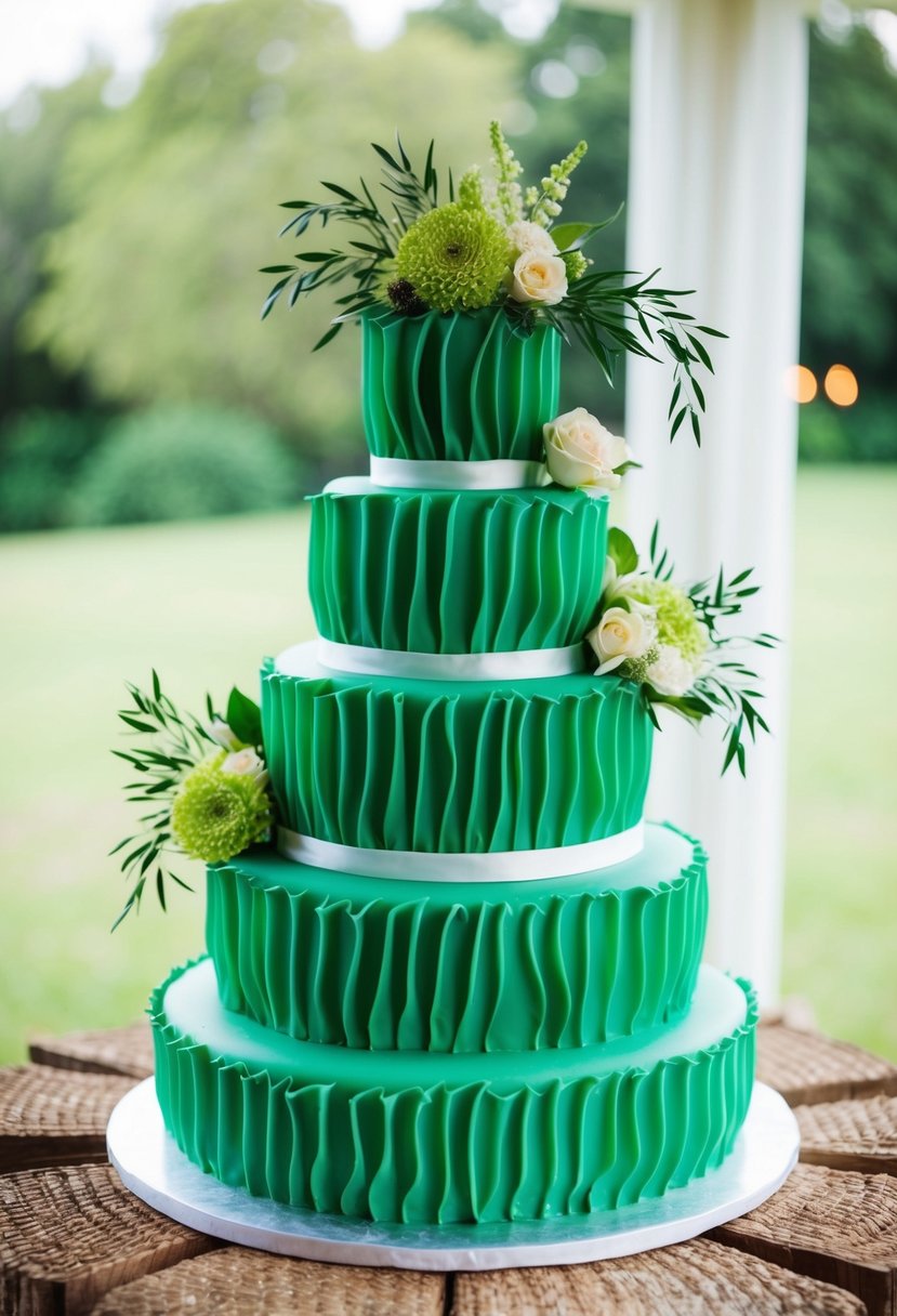 A three-tiered wedding cake with ruffled green fondant, adorned with willow green floral accents