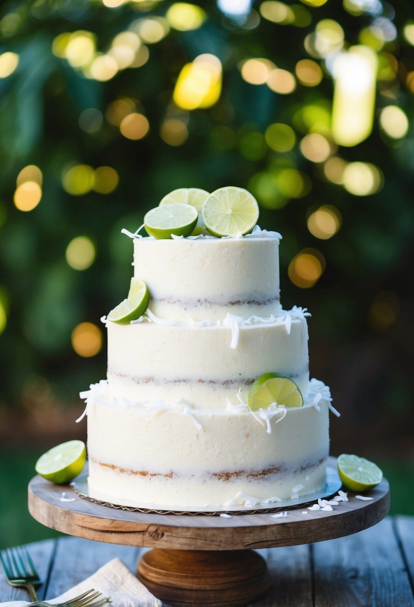 A three-tiered coconut lime cake adorned with fresh coconut shavings and lime slices on a rustic wooden cake stand