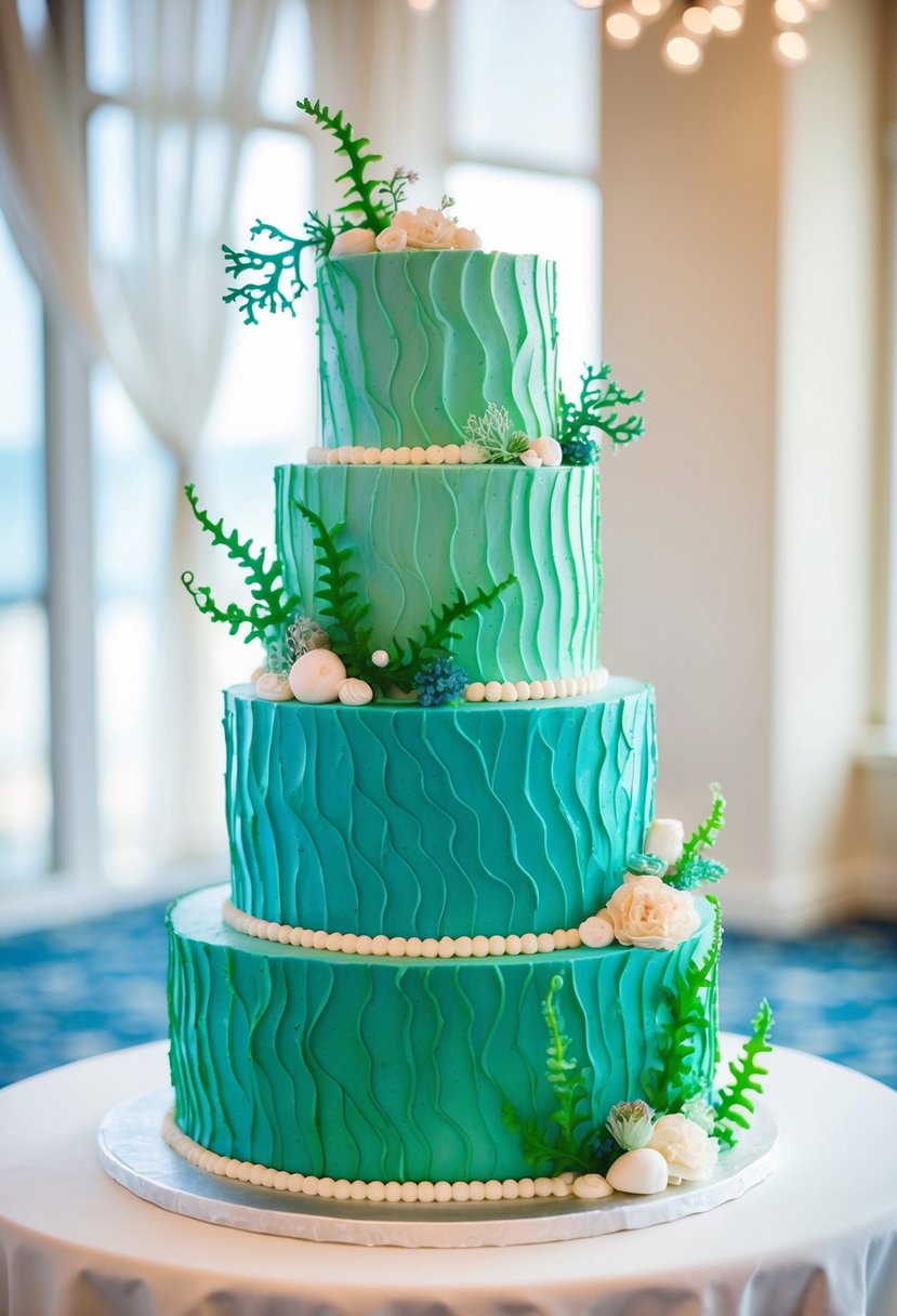 A multi-tiered wedding cake with a textured seaweed design in shades of green, adorned with delicate sugar seaweed and ocean-themed embellishments