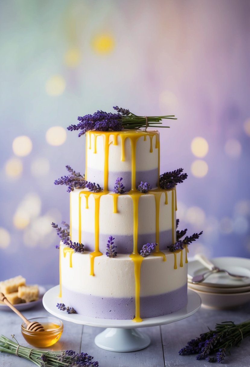 A three-tiered lavender honey cake adorned with fresh lavender sprigs and drizzled with honey, set against a backdrop of soft pastel hues