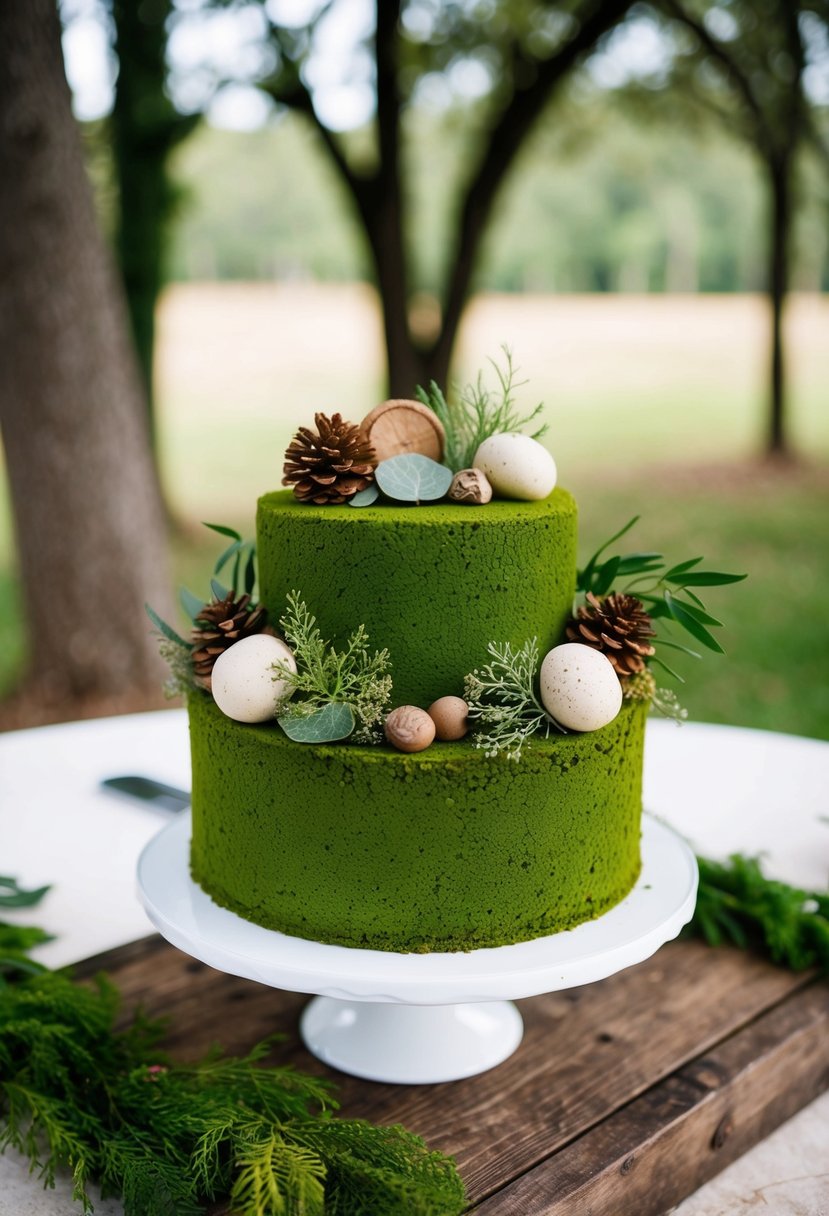 A moss green rustic wedding cake adorned with earthy elements in a serene outdoor setting