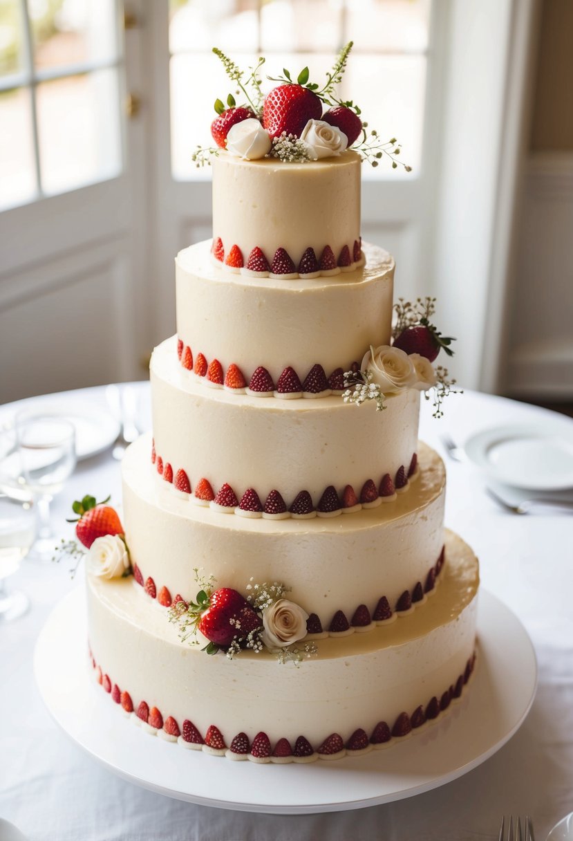A three-tiered champagne cake with strawberry filling, adorned with delicate floral decorations, sits on a pristine white tablecloth