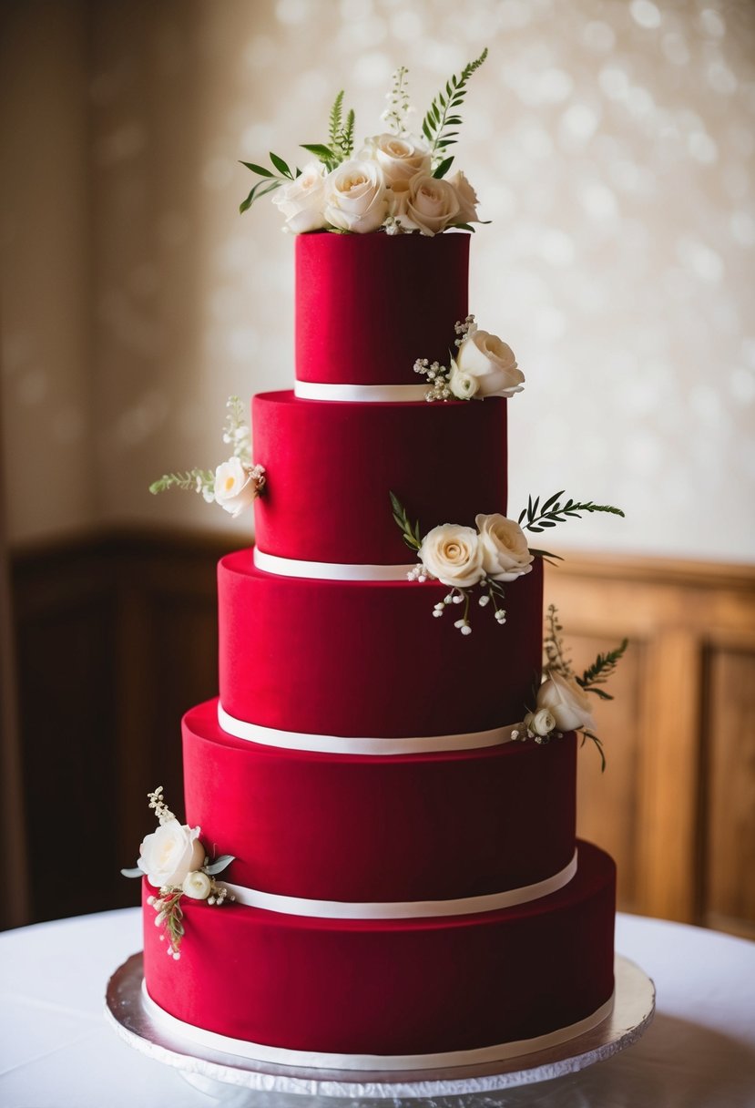 A three-tiered red velvet wedding cake adorned with delicate floral accents