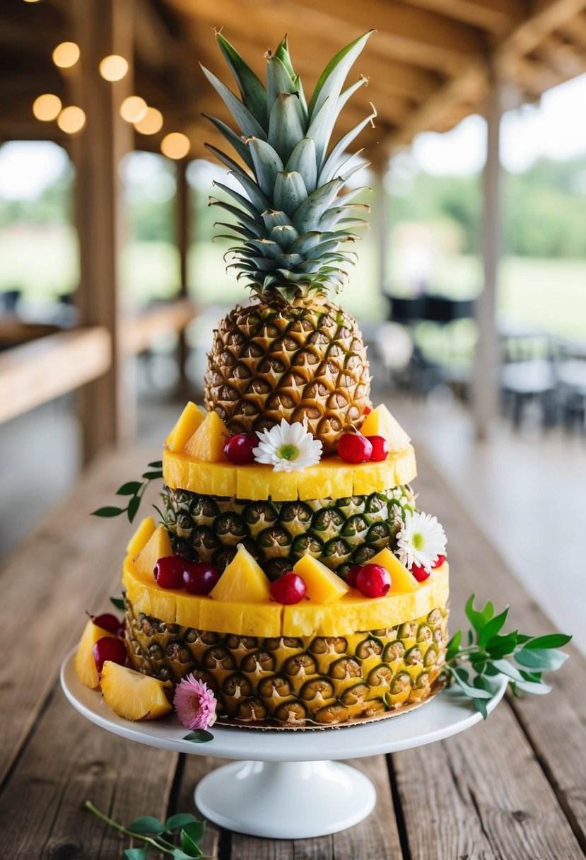 A three-tiered pineapple upside-down wedding cake adorned with fresh fruit and flowers on a rustic wooden table