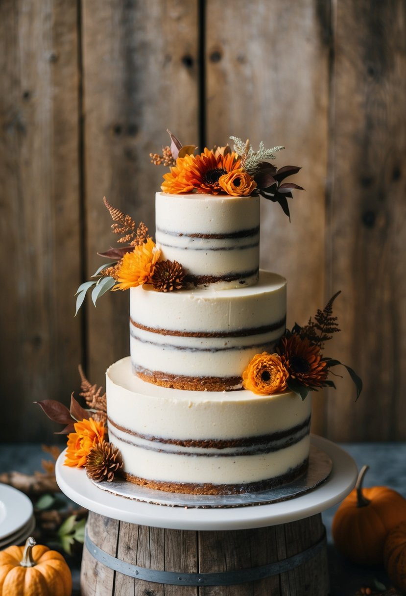 A three-tiered vanilla bourbon cake adorned with fall foliage and flowers, set against a rustic wooden backdrop