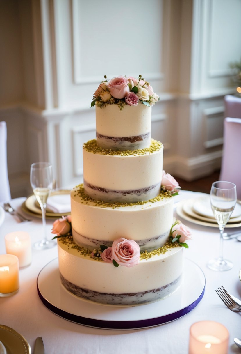 A three-tiered pistachio and rosewater cake adorned with delicate floral decorations sits on a white table, surrounded by soft candlelight and elegant place settings