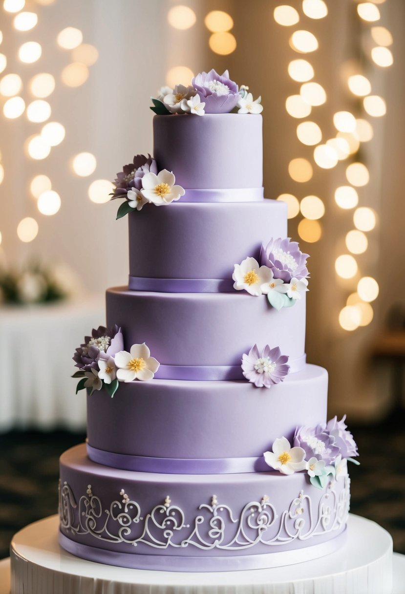 A tiered lilac wedding cake adorned with delicate sugar flowers and intricate piping designs