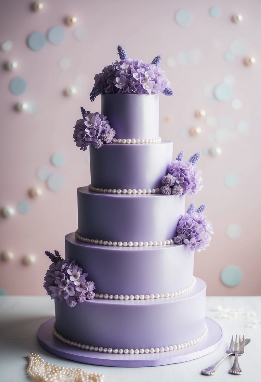 A three-tiered lavender pearl cake adorned with delicate lilac flowers and shimmering pearls, set against a soft pastel background