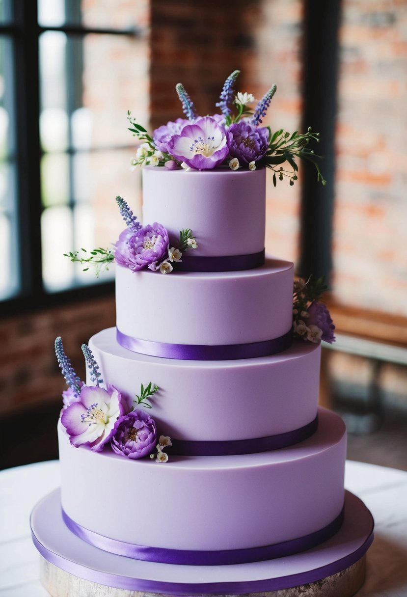 A tiered lilac wedding cake adorned with delicate violet blooms