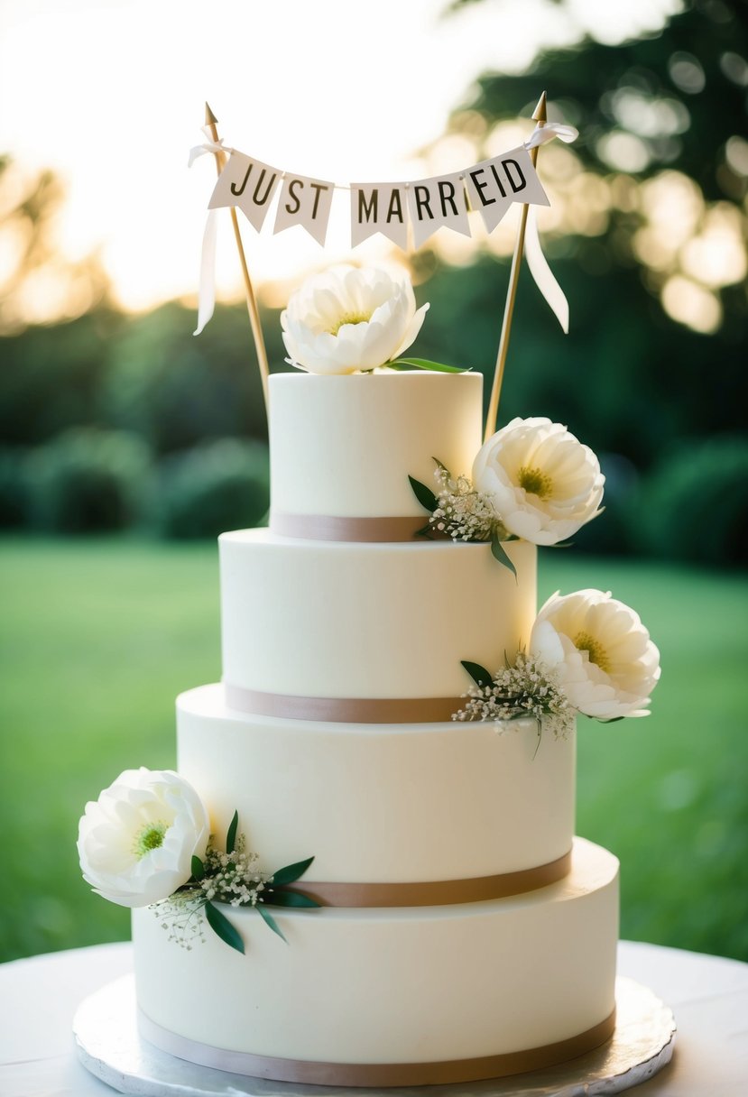 A tiered wedding cake adorned with delicate white flowers and a "just married" banner