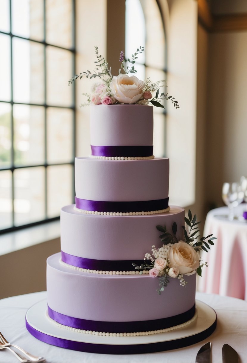 A three-tiered lilac wedding cake adorned with velvet ribbon and delicate floral accents