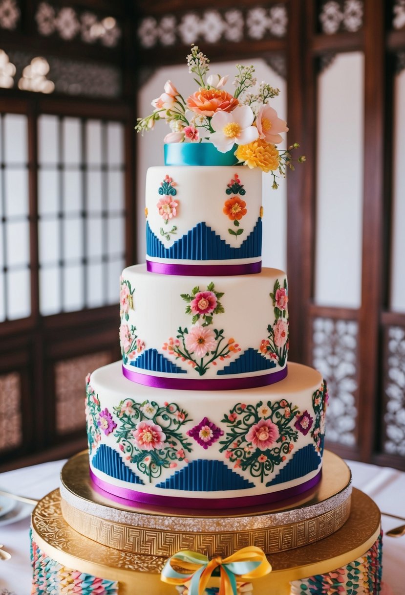 A traditional Korean wedding cake with intricate floral and geometric designs, adorned with colorful ribbons and delicate sugar flowers