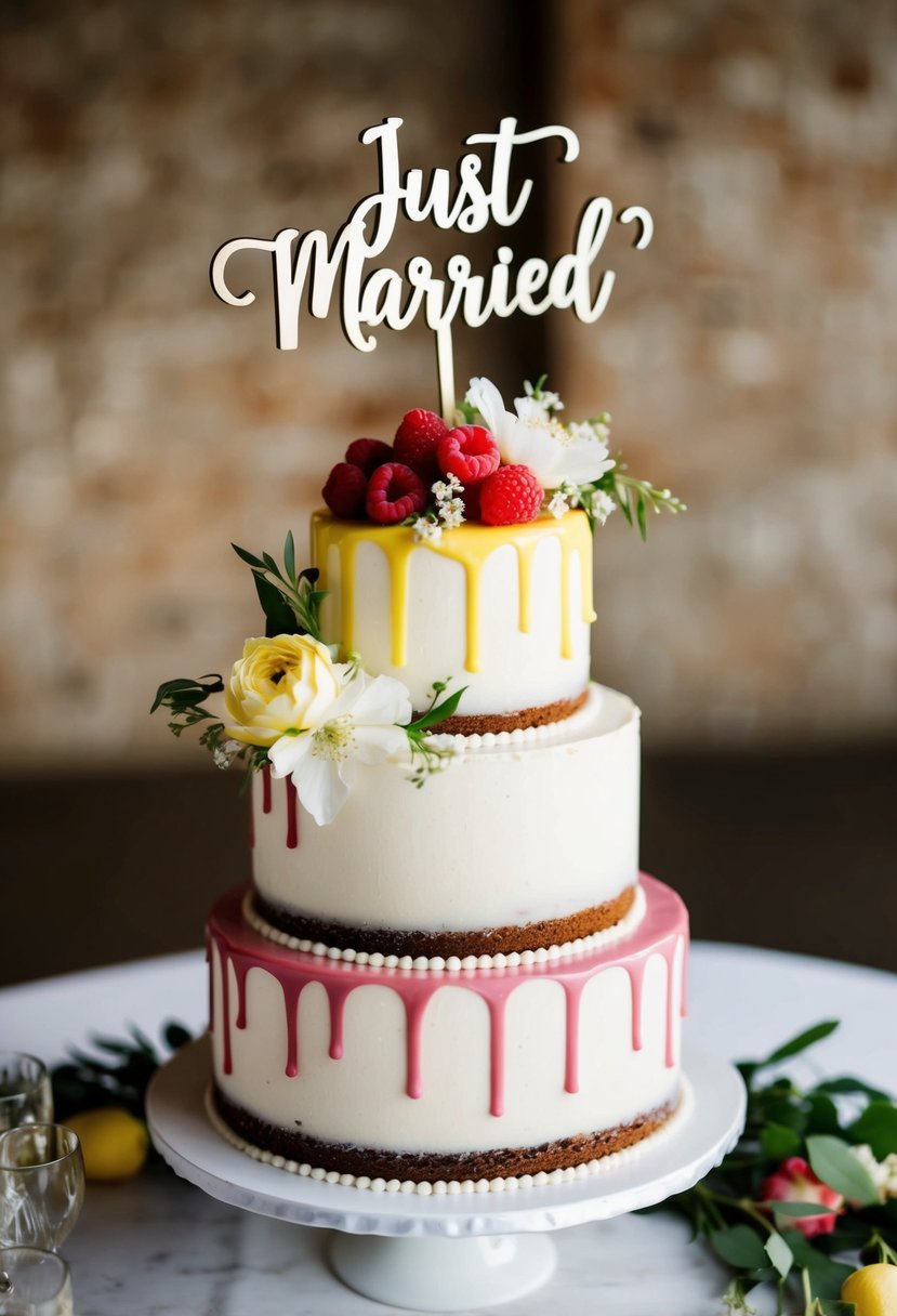 A three-tiered cake with raspberry and lemon drips, adorned with delicate flowers and a "just married" cake topper