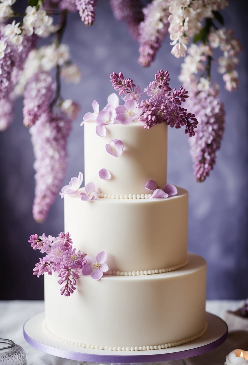 A three-tiered wedding cake adorned with sugared lilac petals and delicate lilac blossoms