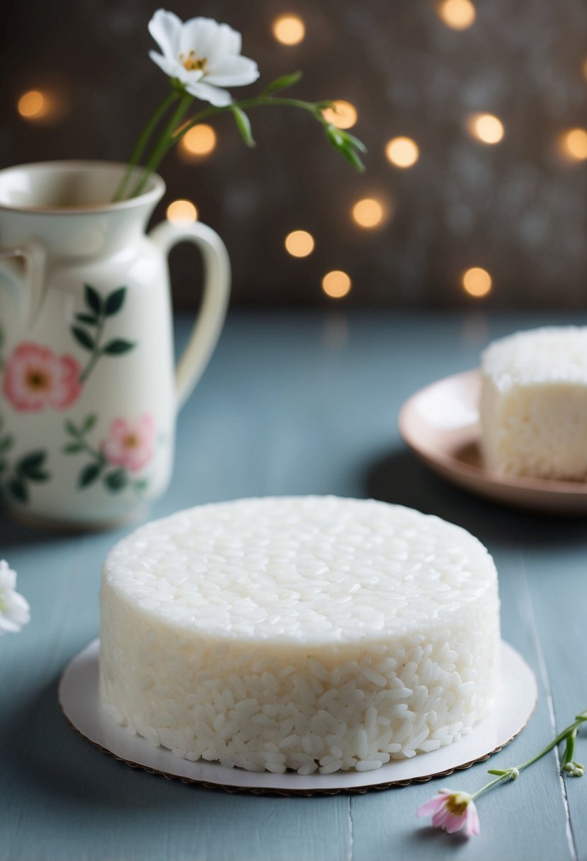 A simple, elegant white rice cake with delicate floral accents