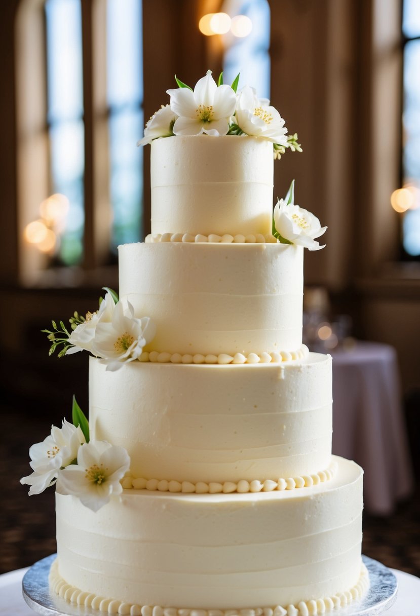 A three-tiered wedding cake with classic vanilla buttercream frosting, adorned with delicate white flowers and elegant piping details