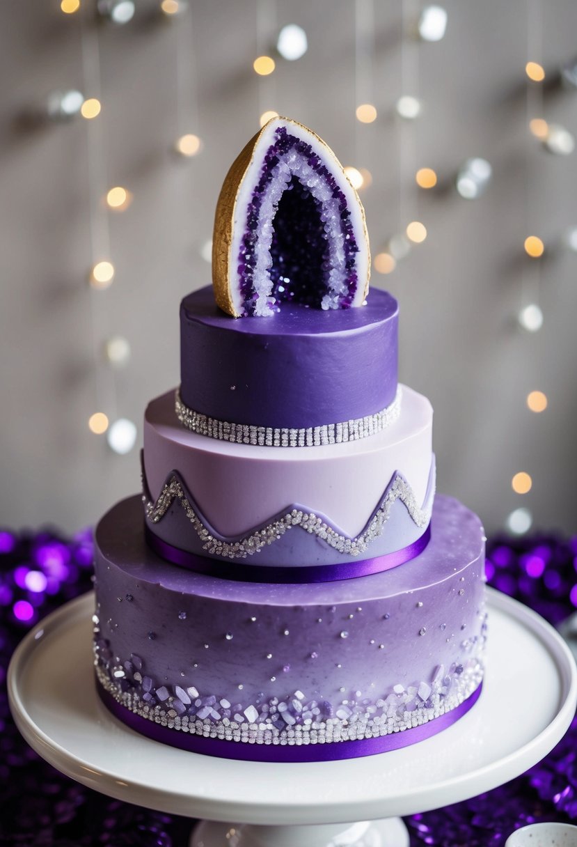 A tiered cake with amethyst geode-inspired design in shades of lilac and purple, adorned with edible crystals and shimmering details