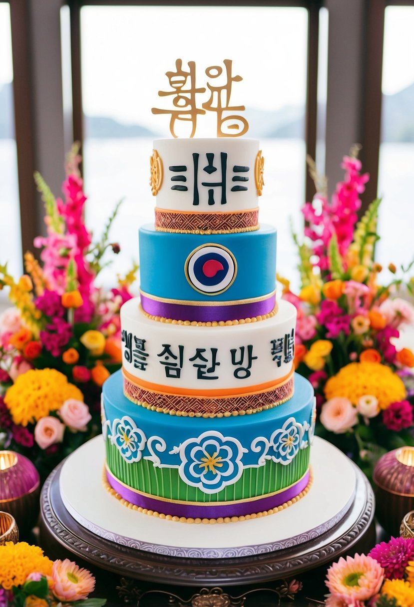 A three-tiered Injeolmi cake adorned with traditional Korean wedding symbols and patterns, surrounded by vibrant floral arrangements and decorative elements