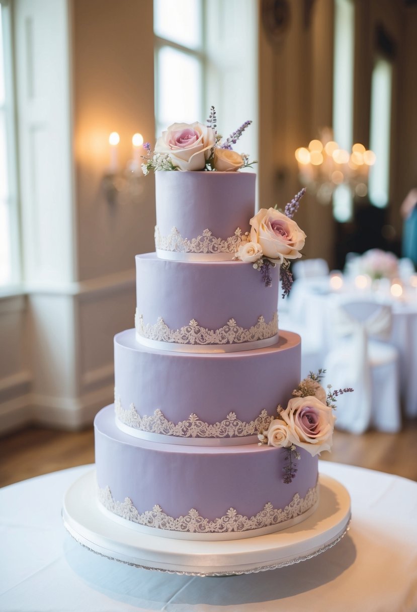 A three-tiered lilac wedding cake adorned with delicate lace and elegant floral details