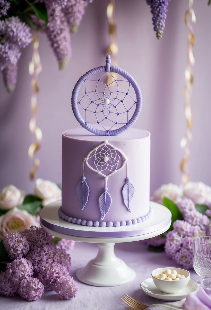 A lavender dream catcher cake sits on a table, surrounded by delicate lilac flowers and soft, pastel decor