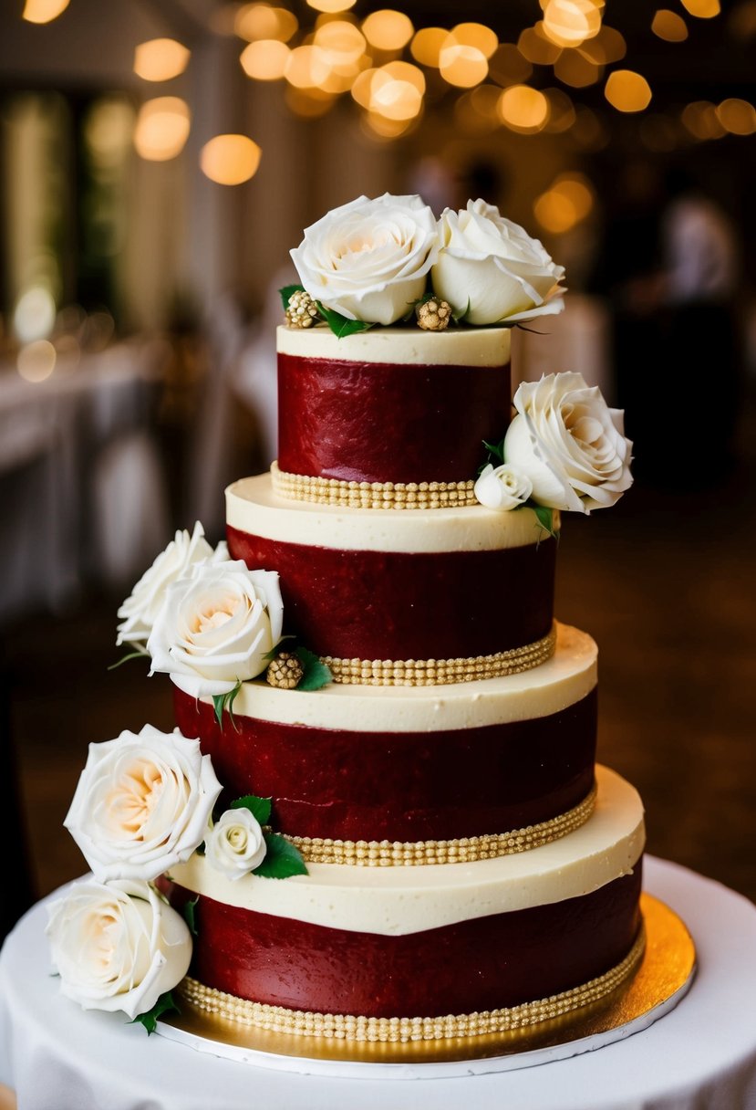 A three-tiered red velvet wedding cake with cream cheese frosting, adorned with delicate white roses and gold accents