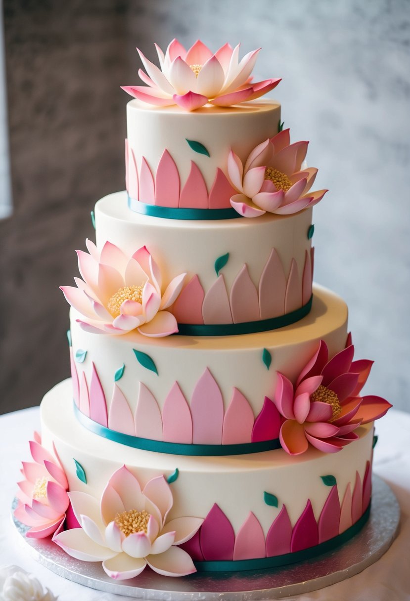 A three-tiered cake adorned with intricate lotus flower designs in various shades of pink and white, with delicate petals and leaves cascading down the sides