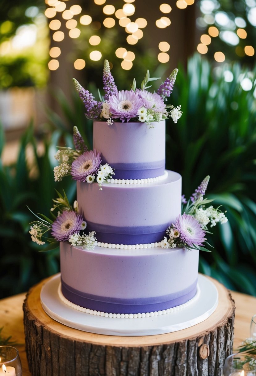 A lush lilac wedding cake adorned with delicate wildflowers