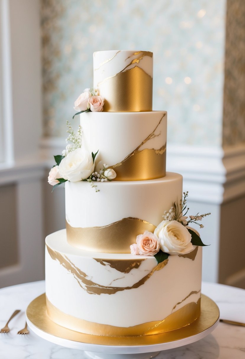 A three-tiered wedding cake with gold and white marble effect, adorned with delicate flowers and elegant gold accents