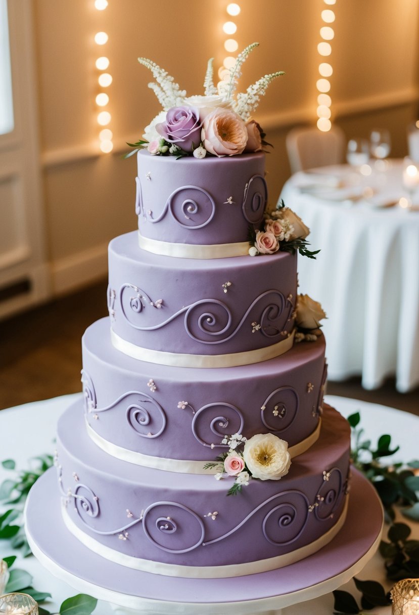 A three-tiered lilac wedding cake adorned with vintage swirls and delicate floral accents