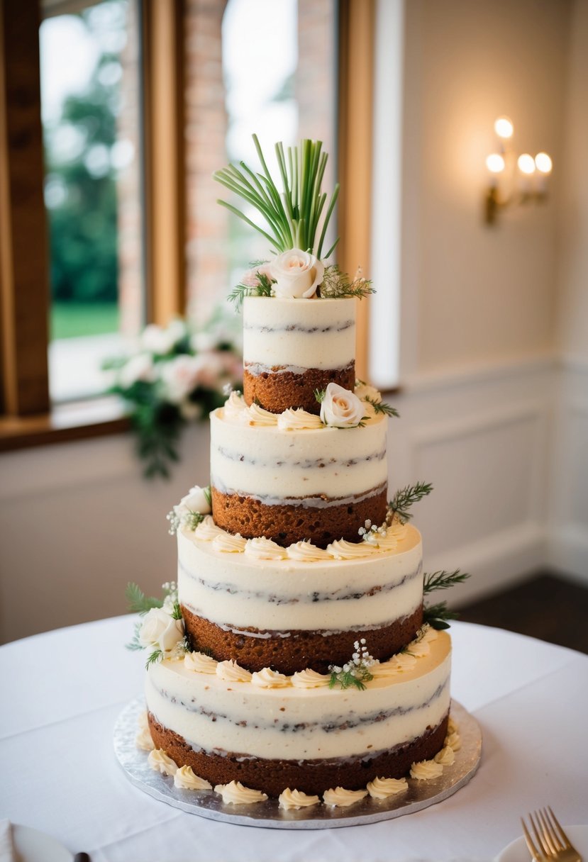 A three-tiered carrot cake with spiced cream frosting sits adorned with delicate floral decorations, ready for a wedding celebration