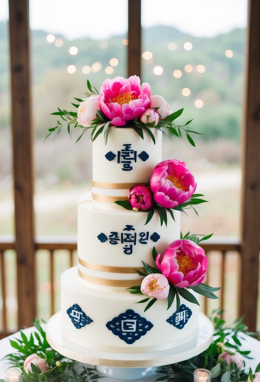 A three-tiered cake adorned with vibrant peonies, surrounded by delicate foliage and traditional Korean wedding symbols