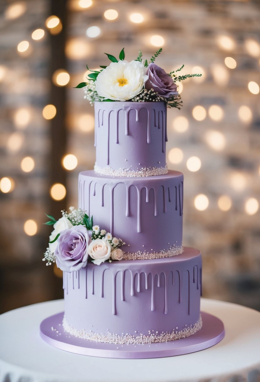 A three-tiered lilac wedding cake adorned with delicate drip and sprinkle decorations
