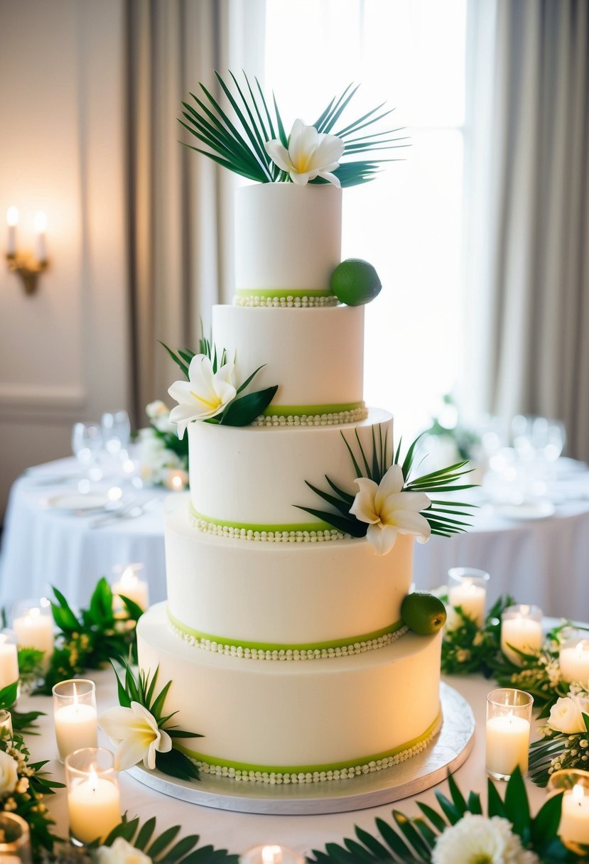 A three-tiered wedding cake adorned with coconut and lime accents, surrounded by elegant floral arrangements and soft candlelight
