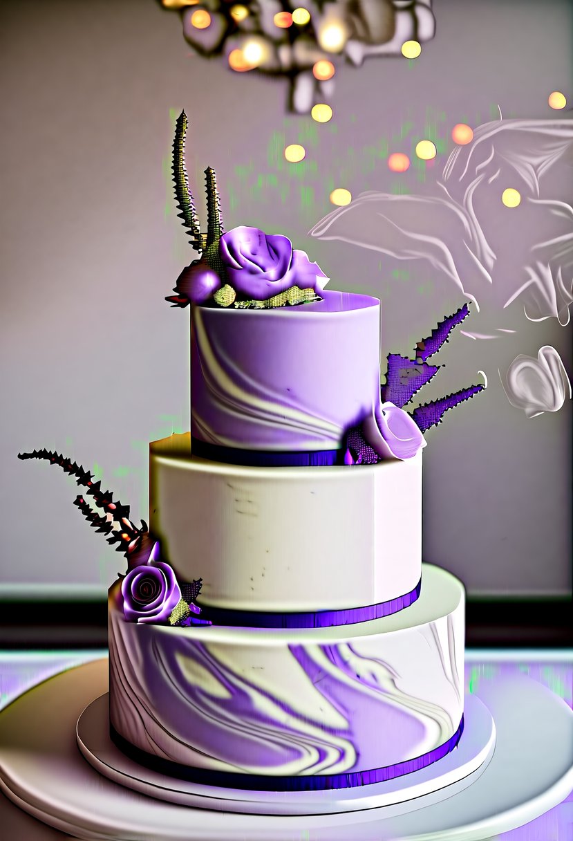 A three-tiered wedding cake with marbled lilac and white fondant, adorned with delicate lavender flowers and misty swirls