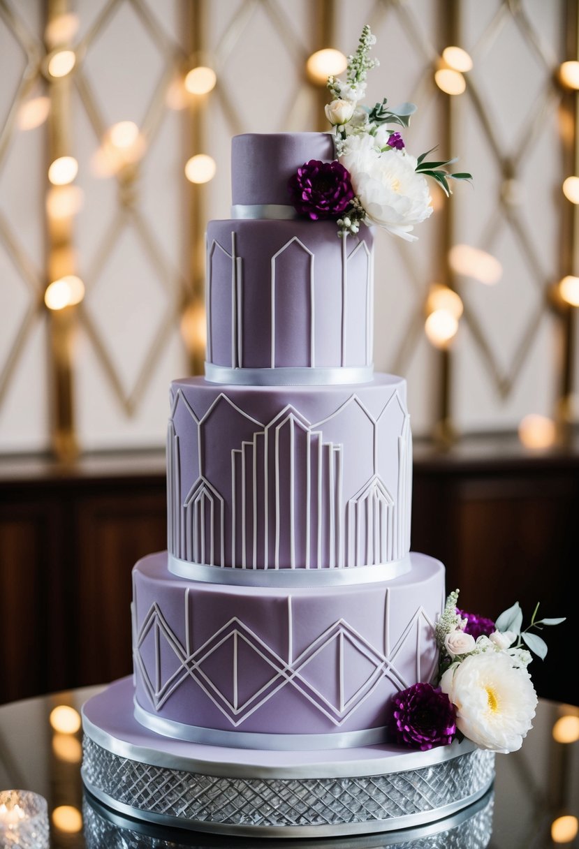 A three-tiered lilac Art Deco wedding cake adorned with geometric patterns and elegant floral accents