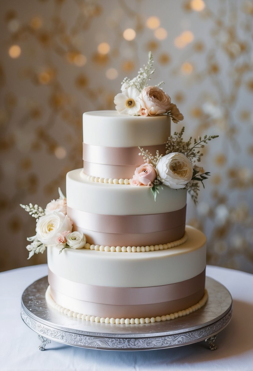 A three-tiered Silk Ribbon Cake adorned with delicate floral decorations and intricate piping designs