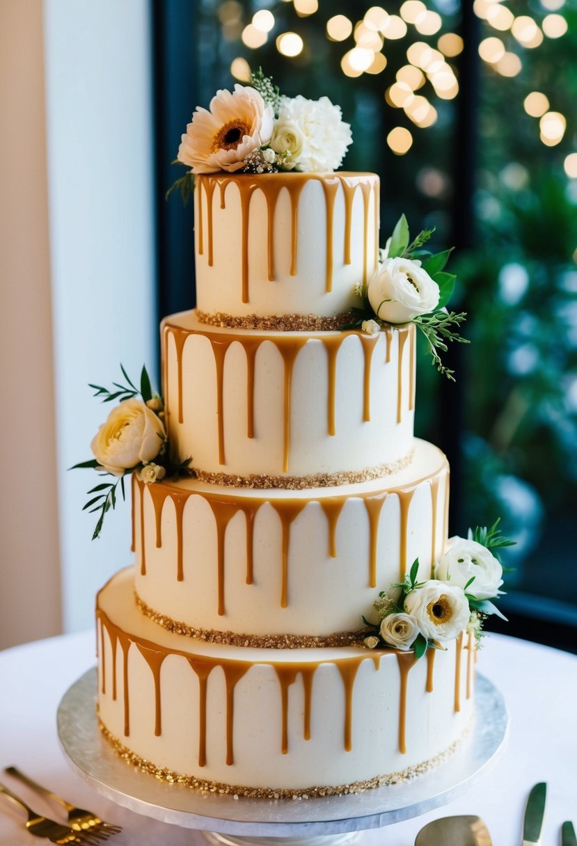 A three-tiered wedding cake with salted caramel drizzle cascading down the sides, adorned with delicate gold accents and fresh flowers
