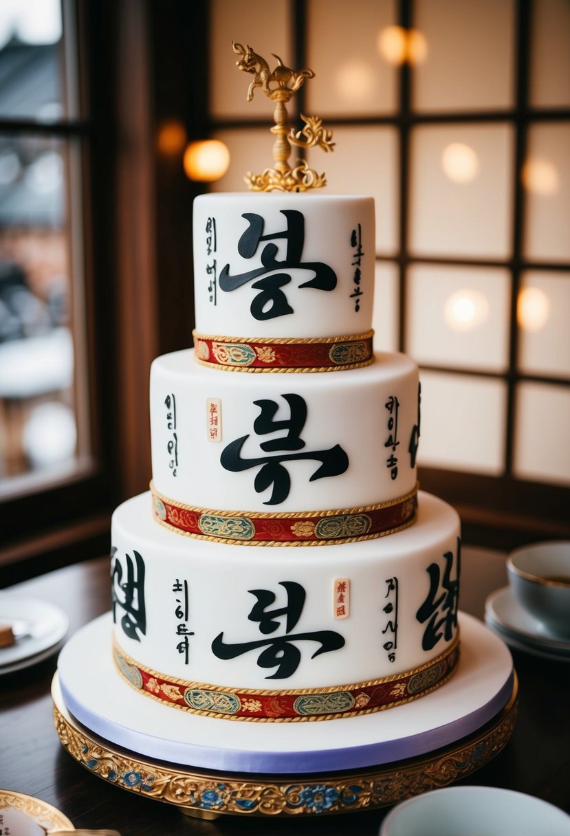 A tiered cake adorned with intricate calligraphy and traditional Korean decorative elements