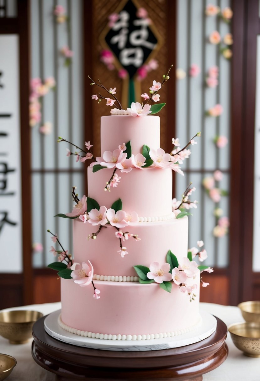 A tiered cherry blossom fondant cake adorned with delicate pink flowers and green leaves, set against a backdrop of traditional Korean wedding decor