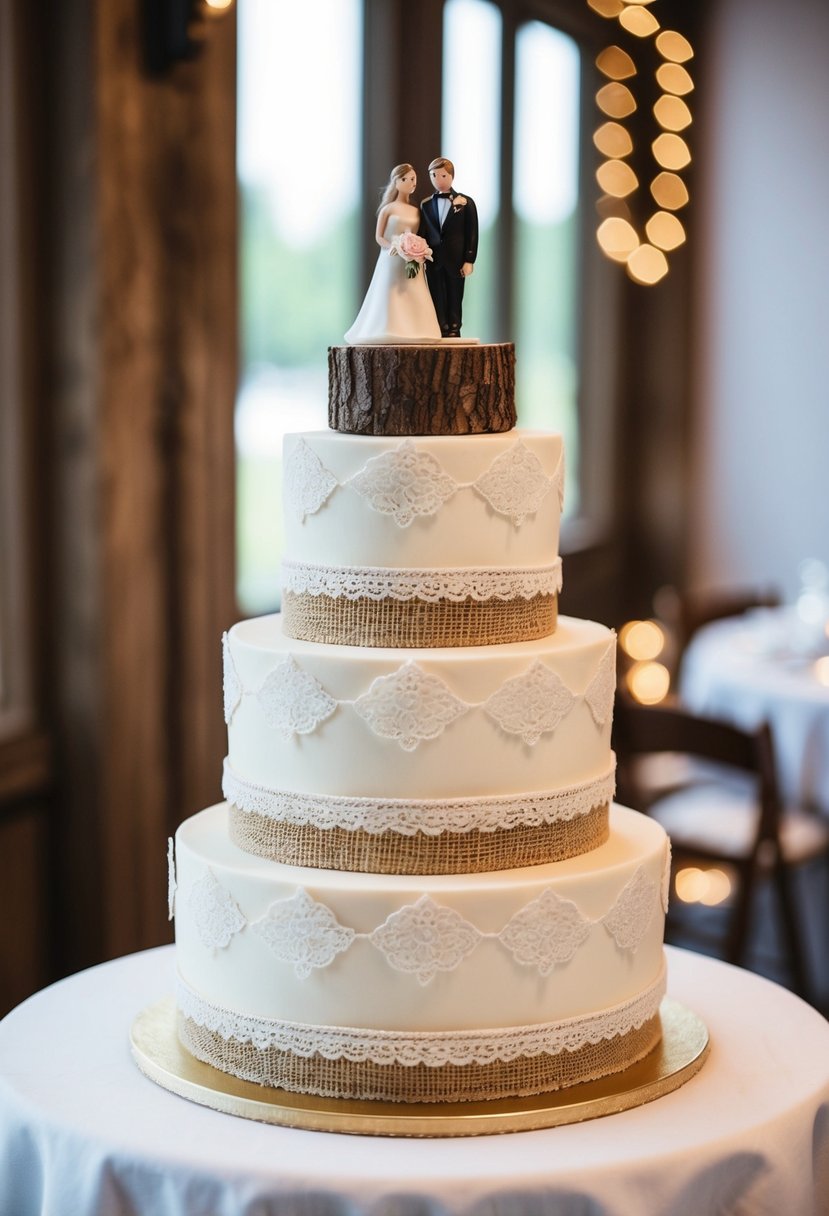 A three-tiered wedding cake adorned with rustic burlap and delicate lace, topped with a miniature bride and groom figurine