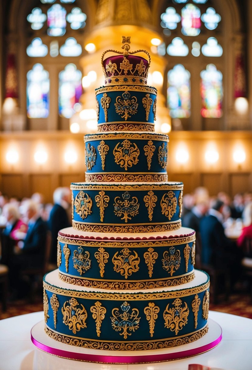 A grand tiered cake adorned with intricate royal court patterns in vibrant colors
