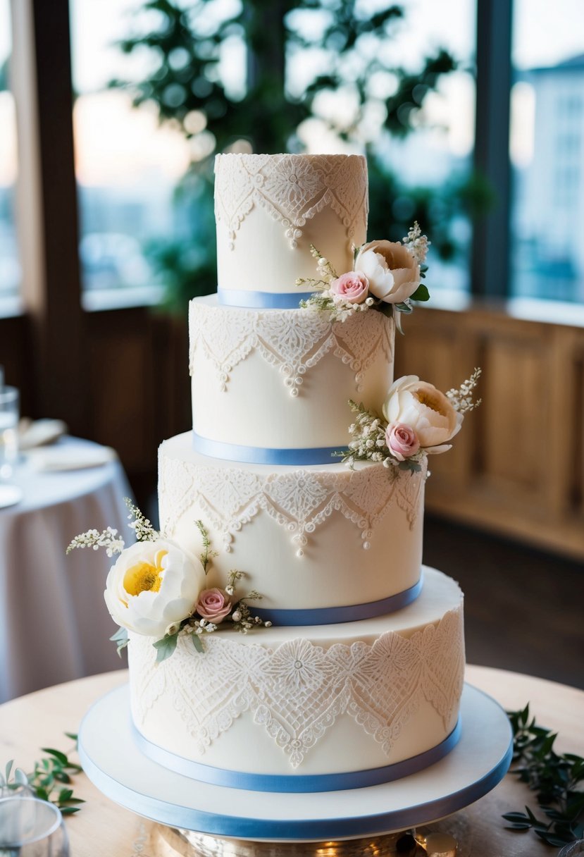 A three-tiered cake adorned with intricate lace patterns and delicate floral designs, inspired by traditional Korean wedding aesthetics