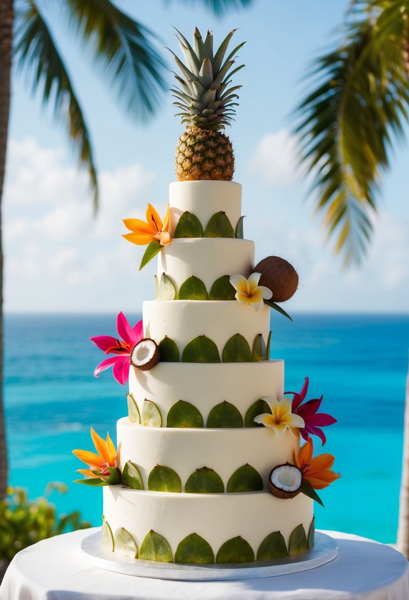 A tiered wedding cake adorned with tropical pineapples, coconuts, and vibrant flowers, set against a backdrop of palm trees and a crystal-clear ocean