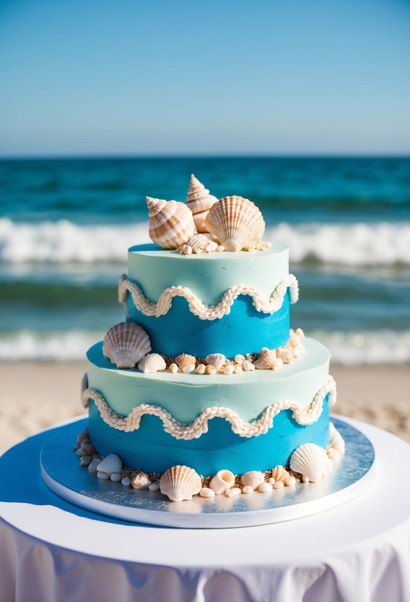 A beach-themed wedding cake with seashell decorations and ocean waves