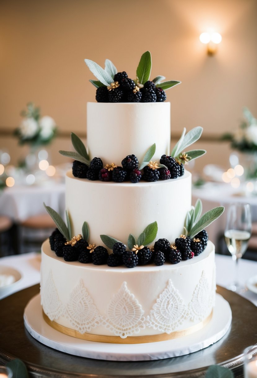A three-tiered wedding cake adorned with blackberries and sage leaves, with a delicate lace pattern and gold accents