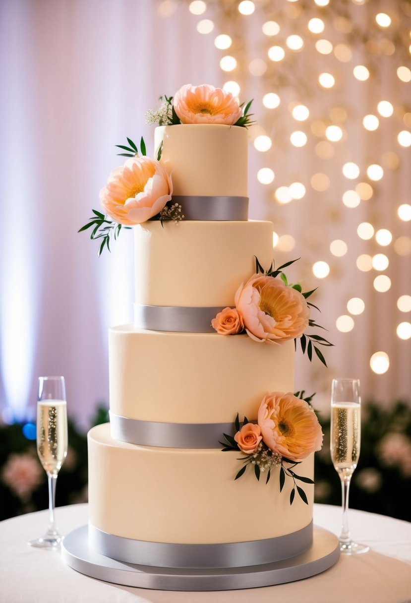 A three-tiered wedding cake adorned with peach-colored flowers and champagne glasses, set against a backdrop of sparkling lights and elegant decor