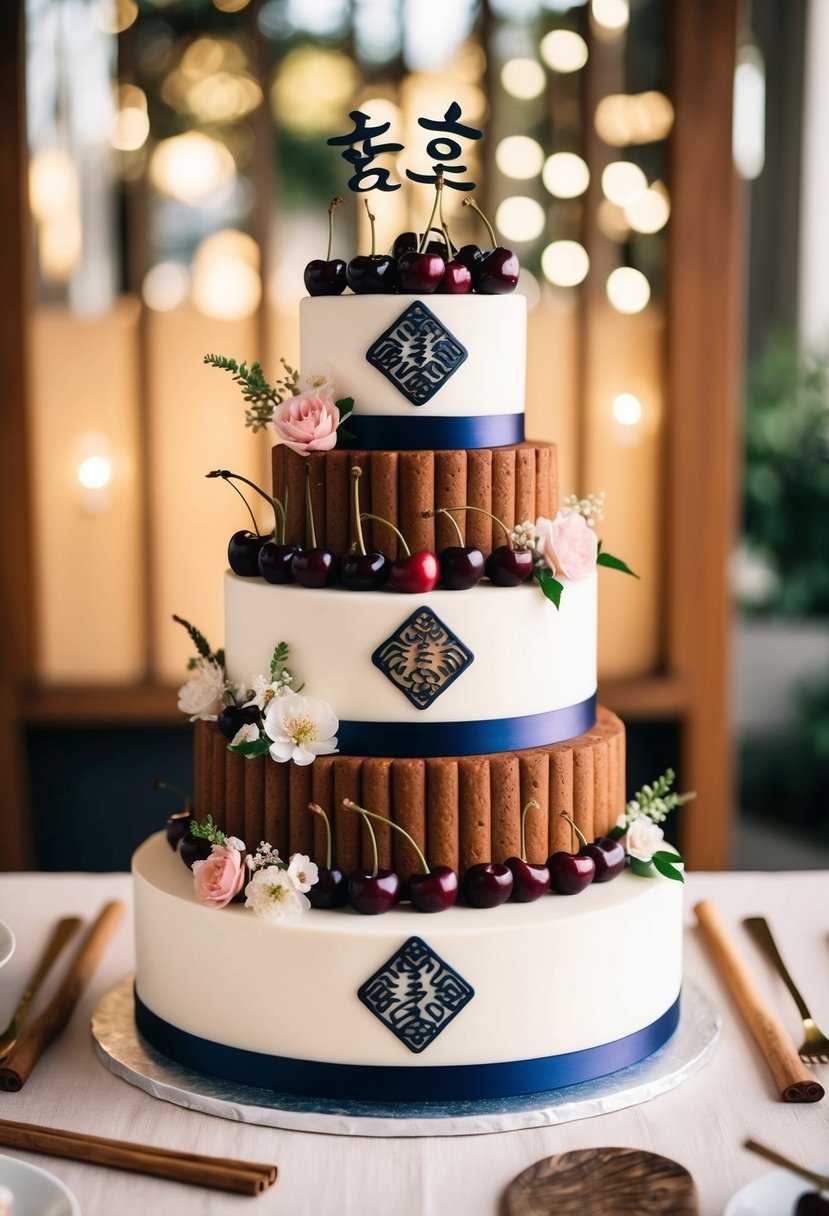 A tiered cherry cinnamon cake adorned with delicate floral decorations and traditional Korean wedding symbols