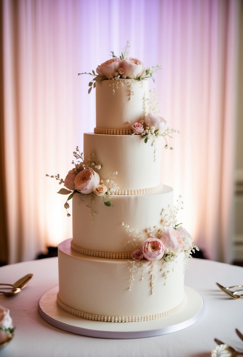 A three-tier wedding cake adorned with intricate floral decorations and delicate piping, set against a backdrop of soft pastel colors and elegant lighting